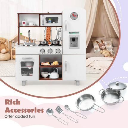 Kids Kitchen Playset with Realistic Sounds and Lights - Brown & White - Oasis Home Essentials