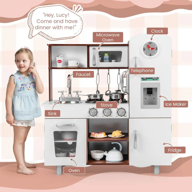 Kids Kitchen Playset with Realistic Sounds and Lights - Brown & White - Oasis Home Essentials