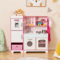 Kids Kitchen Playset Wooden Toy with Adjustable LED Lights and Washing Machine-Pink - Pink - Play Kitchen Sets