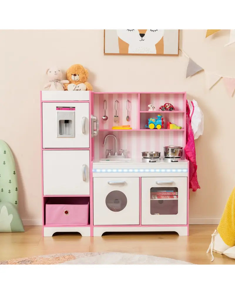 Kids Kitchen Playset Wooden Toy with Adjustable LED Lights and Washing Machine-Pink - Pink - Play Kitchen Sets