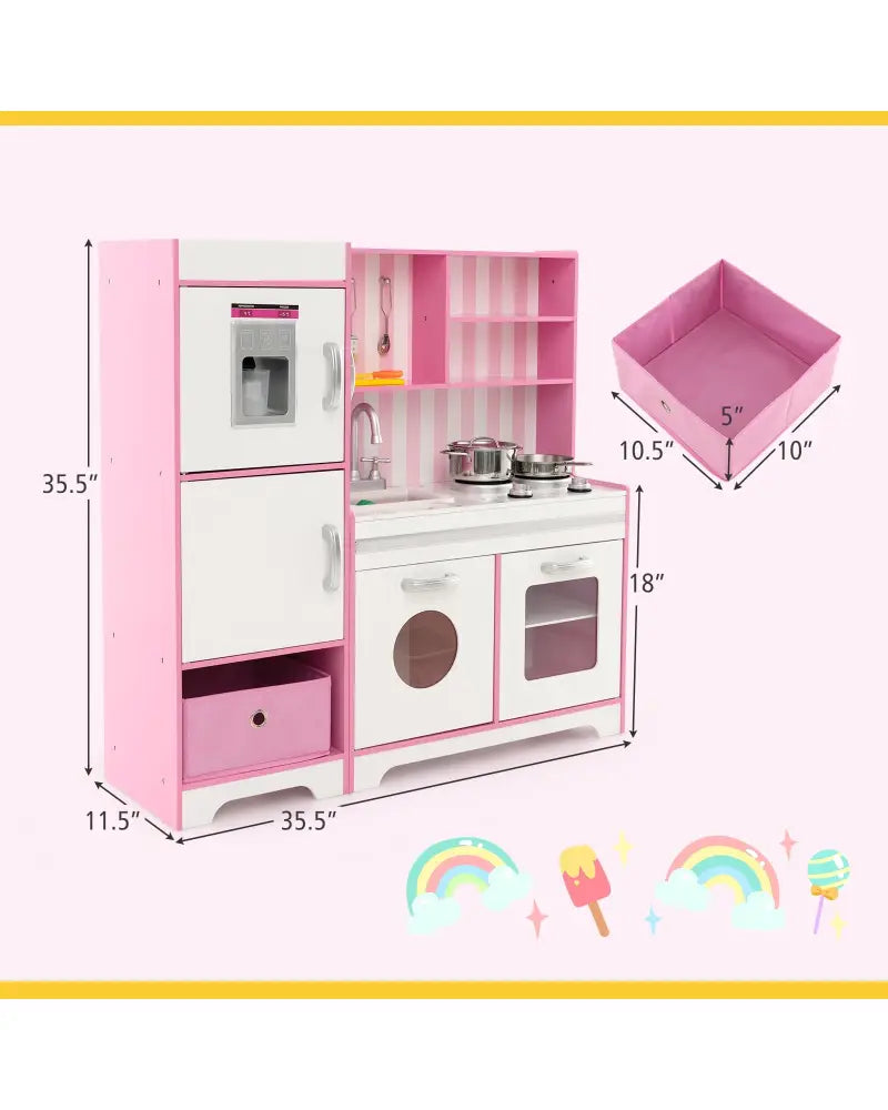 Kids Kitchen Playset Wooden Toy with Adjustable LED Lights and Washing Machine-Pink - Pink - Play Kitchen Sets