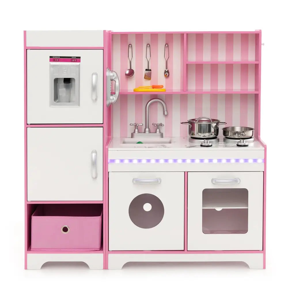 Kids Kitchen Playset Wooden Toy with Adjustable LED Lights and Washing Machine-Pink - Pink - Play Kitchen Sets