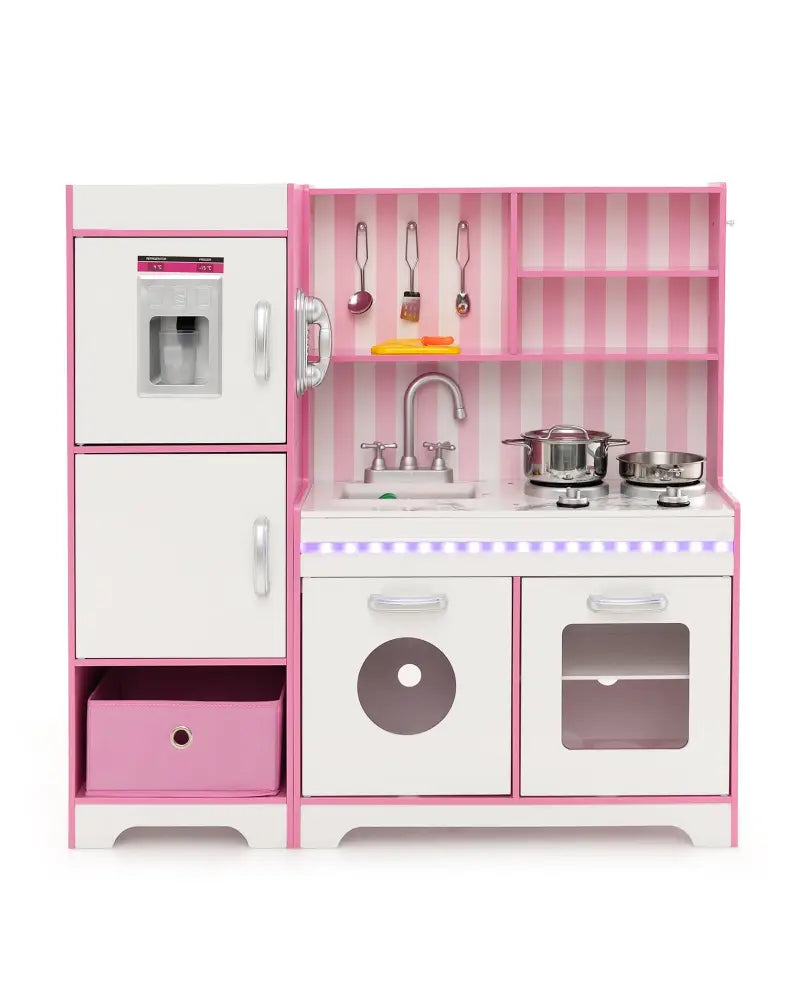 Kids Kitchen Playset Wooden Toy with Adjustable LED Lights and Washing Machine-Pink - Pink - Play Kitchen Sets
