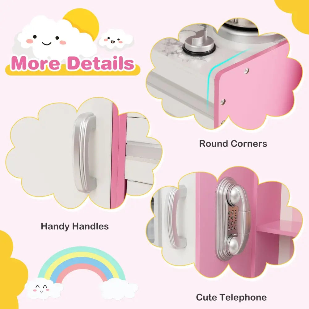 Kids Kitchen Playset Wooden Toy with Adjustable LED Lights and Washing Machine-Pink - Pink - Play Kitchen Sets