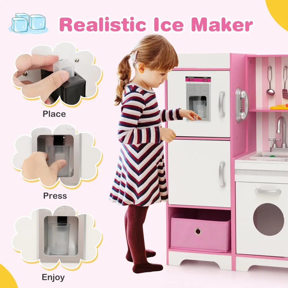 Kids Kitchen Playset Wooden Toy with Adjustable LED Lights and Washing Machine-Pink - Pink - Play Kitchen Sets