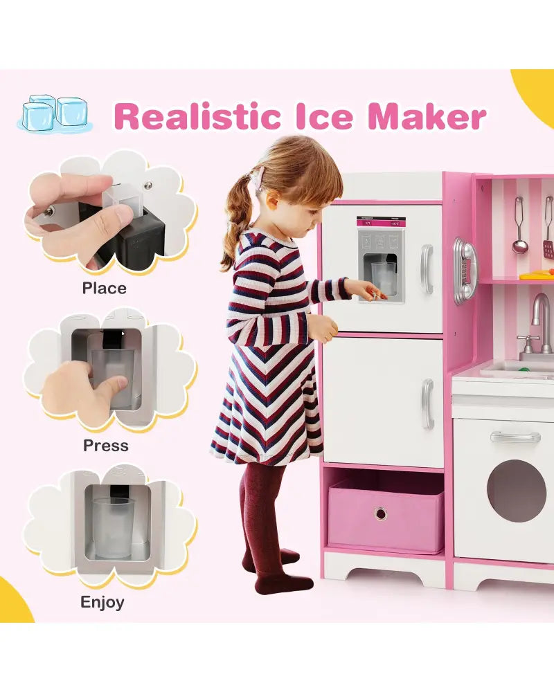 Kids Kitchen Playset Wooden Toy with Adjustable LED Lights and Washing Machine-Pink - Pink - Play Kitchen Sets