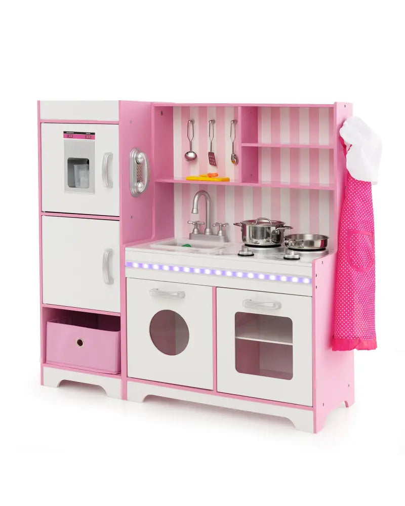 Kids Kitchen Playset Wooden Toy with Adjustable LED Lights and Washing Machine-Pink - Pink - Play Kitchen Sets