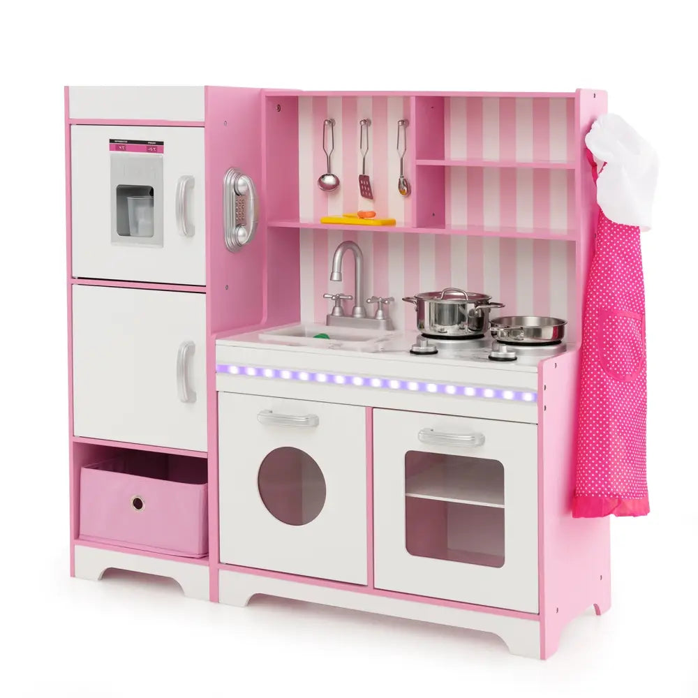 Kids Kitchen Playset Wooden Toy with Adjustable LED Lights and Washing Machine-Pink - Pink - Play Kitchen Sets