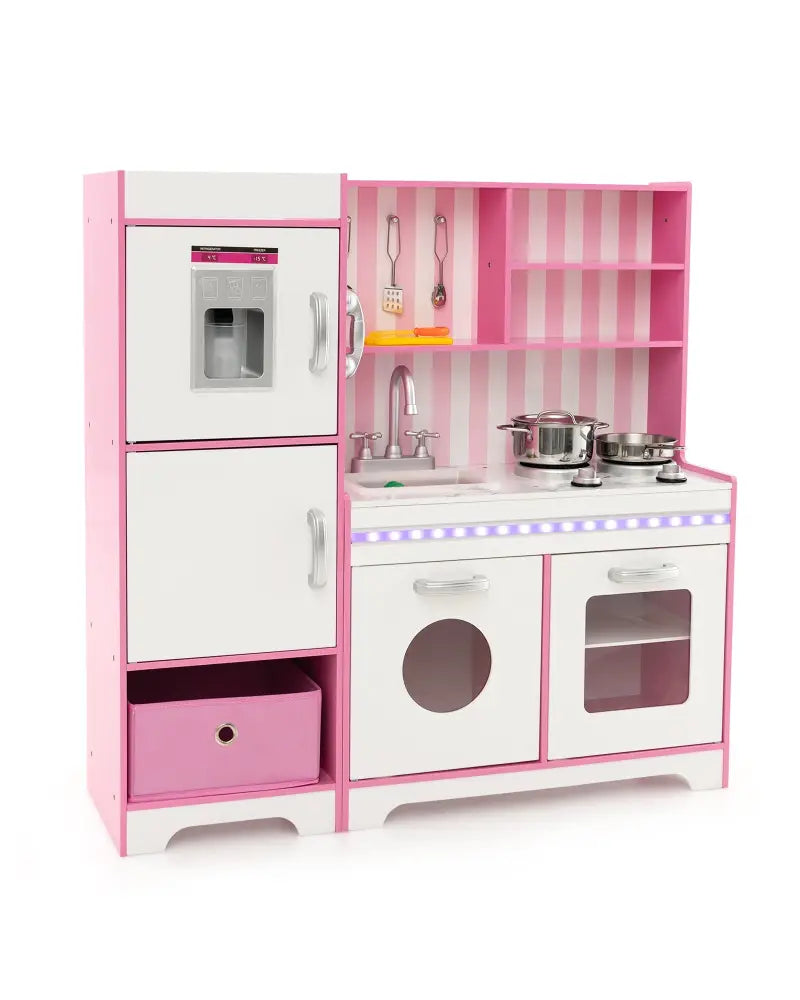 Kids Kitchen Playset Wooden Toy with Adjustable LED Lights and Washing Machine-Pink - Pink - Play Kitchen Sets