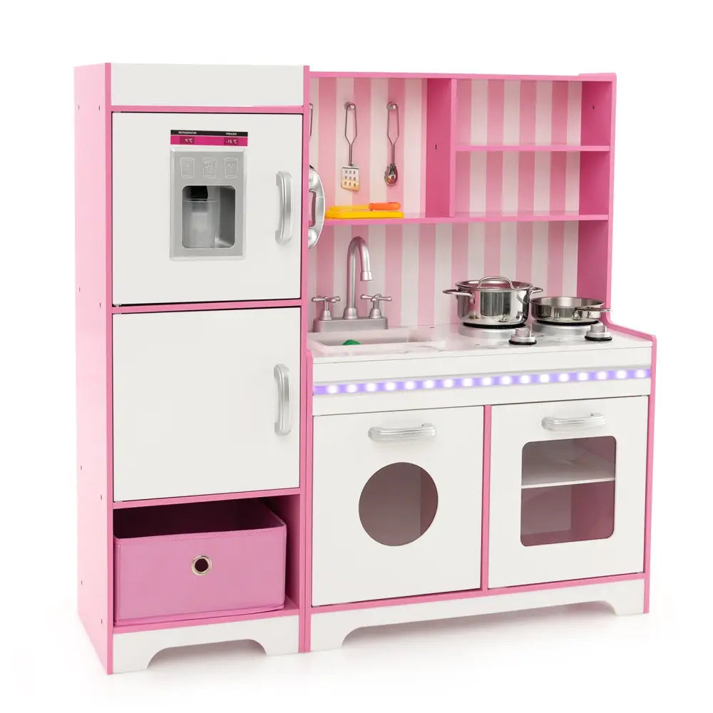Kids Kitchen Playset Wooden Toy with Adjustable LED Lights and Washing Machine-Pink - Pink - Play Kitchen Sets