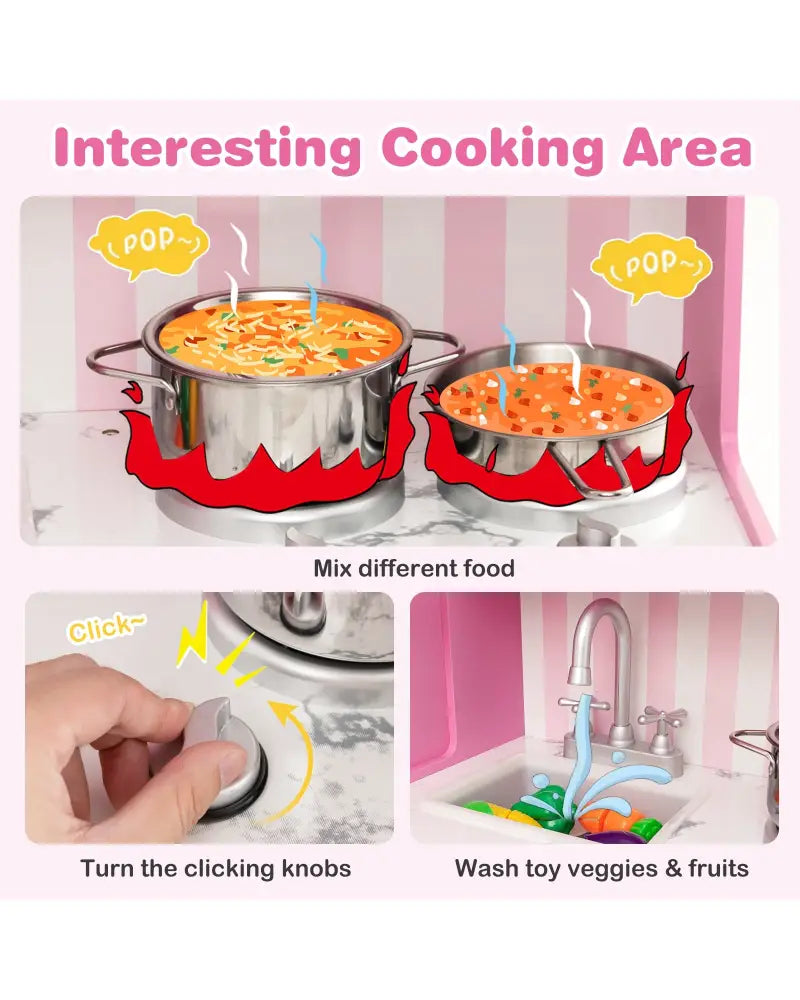 Kids Kitchen Playset Wooden Toy with Adjustable LED Lights and Washing Machine-Pink - Pink - Play Kitchen Sets