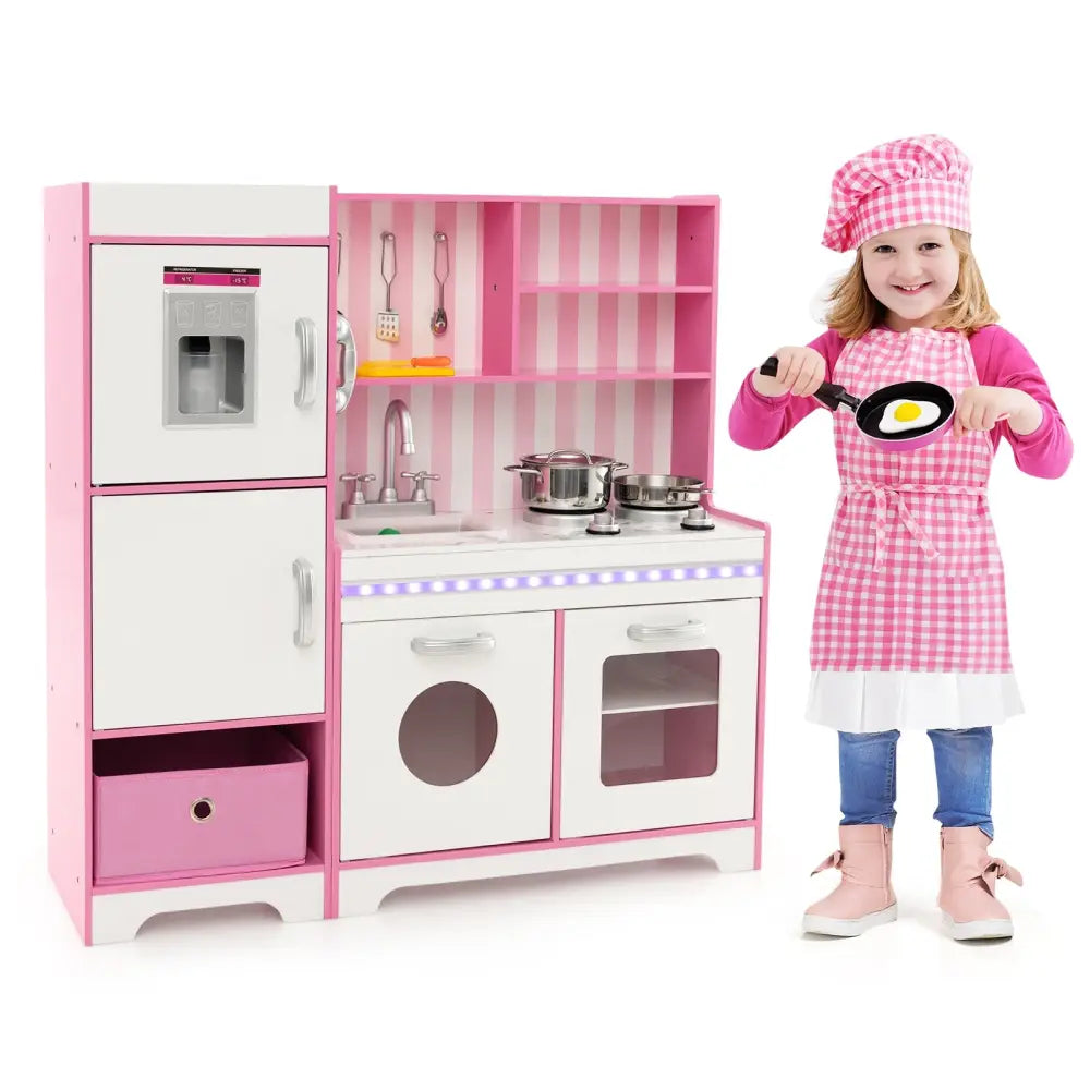 Kids Kitchen Playset Wooden Toy with Adjustable LED Lights and Washing Machine-Pink - Pink - Play Kitchen Sets