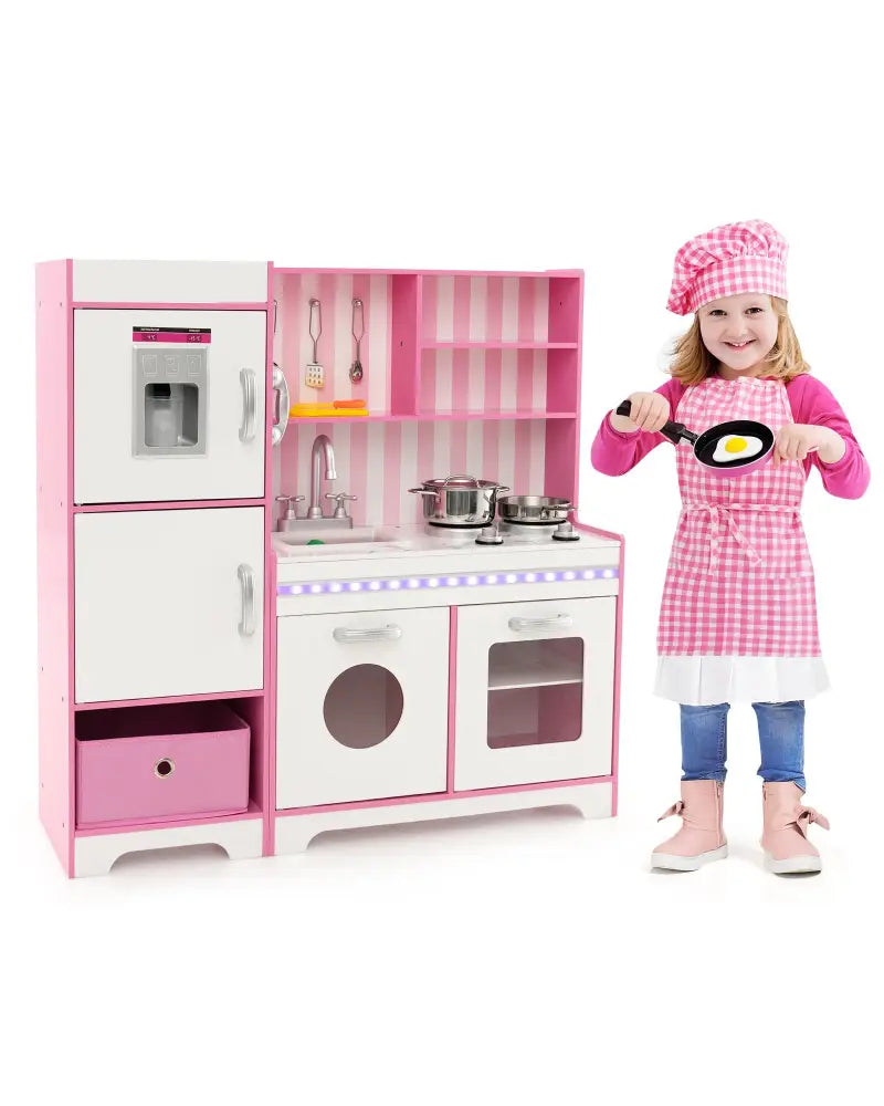 Kids Kitchen Playset Wooden Toy with Adjustable LED Lights and Washing Machine-Pink - Pink - Play Kitchen Sets