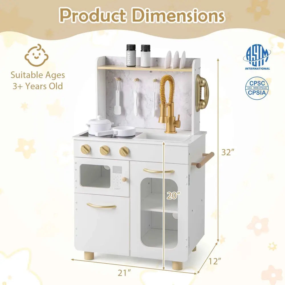Kids Kitchen Set Pretend Play Kitchen with Stoves Faucet Sink Telephone Microwave and Oven-White - White - Play Kitchen