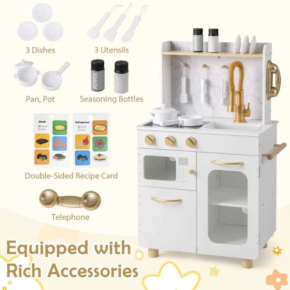 Kids Kitchen Set Pretend Play Kitchen with Stoves Faucet Sink Telephone Microwave and Oven-White - White - Play Kitchen