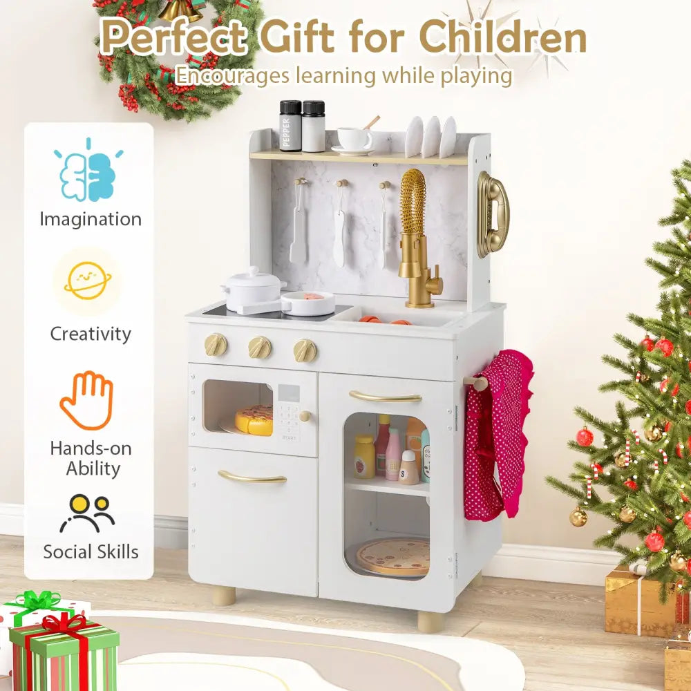 Kids Kitchen Set Pretend Play Kitchen with Stoves Faucet Sink Telephone Microwave and Oven-White - White - Play Kitchen