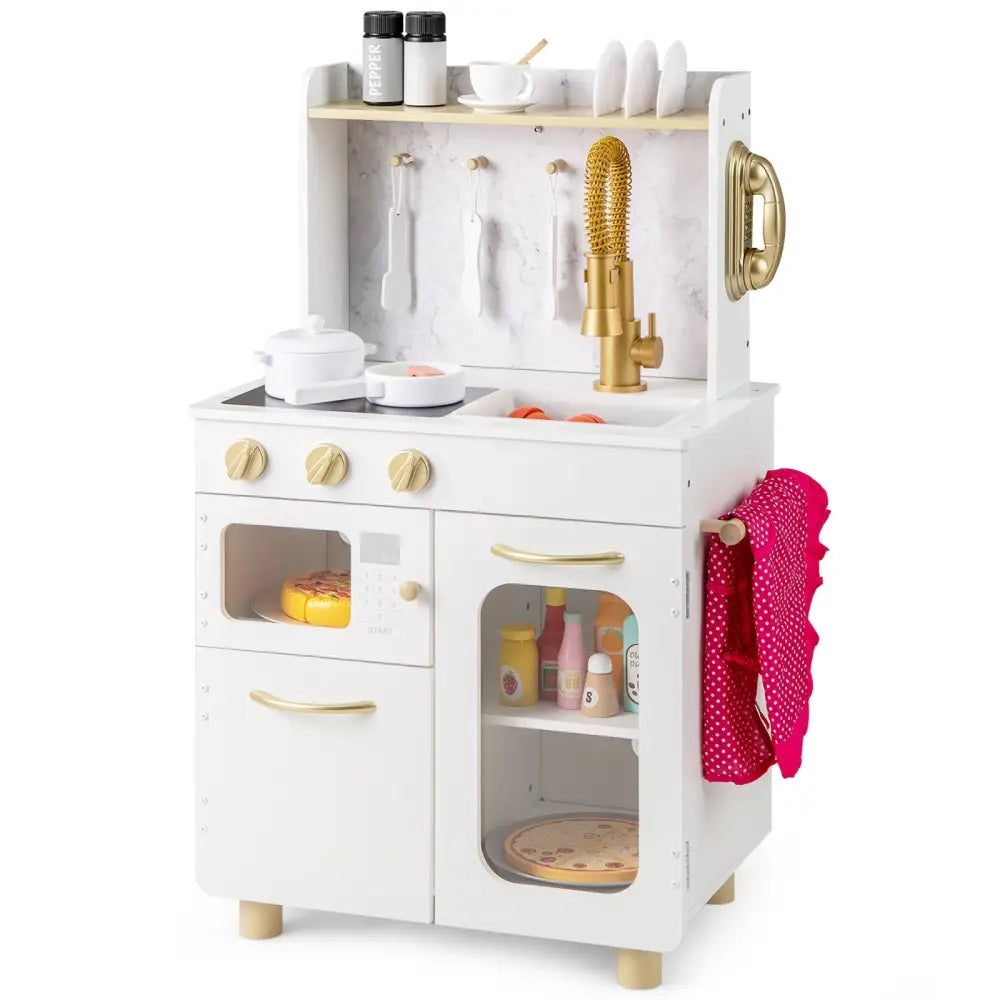 Kids Kitchen Set Pretend Play Kitchen with Stoves Faucet Sink Telephone Microwave and Oven-White - White - Play Kitchen