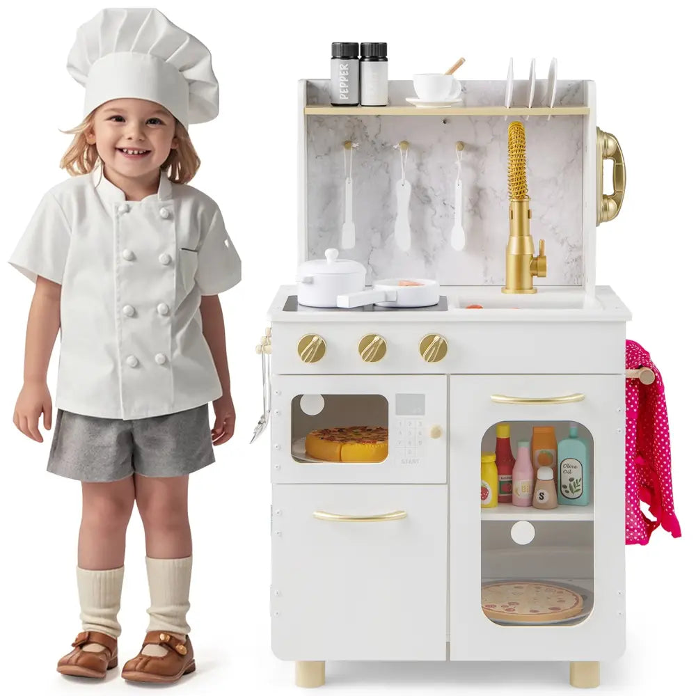 Kids Kitchen Set Pretend Play Kitchen with Stoves Faucet Sink Telephone Microwave and Oven-White - White - Play Kitchen