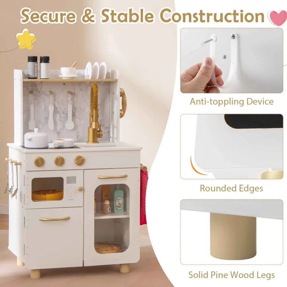 Kids Kitchen Set Pretend Play Kitchen with Stoves Faucet Sink Telephone Microwave and Oven-White - White - Play Kitchen