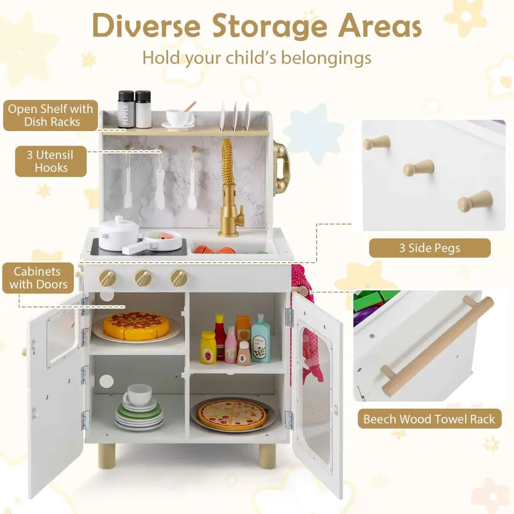 Kids Kitchen Set Pretend Play Kitchen with Stoves Faucet Sink Telephone Microwave and Oven-White - White - Play Kitchen
