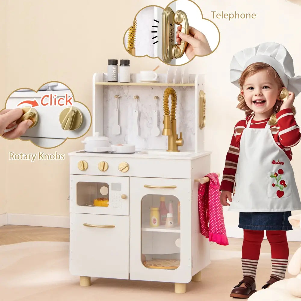 Kids Kitchen Set Pretend Play Kitchen with Stoves Faucet Sink Telephone Microwave and Oven-White - White - Play Kitchen