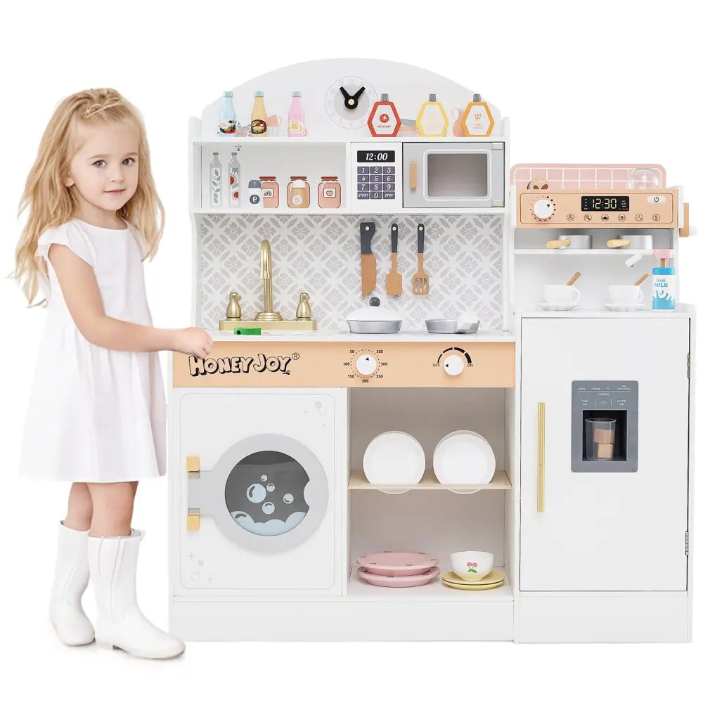 Kids Kitchen Set Wooden with Coffee Makers and Accessories-White - White - Play Kitchen Sets