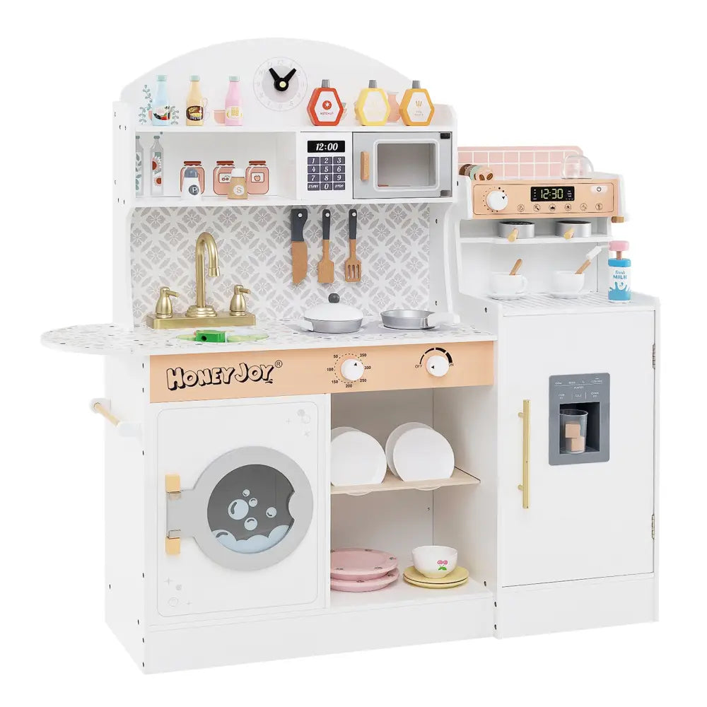 Kids Kitchen Set Wooden with Coffee Makers and Accessories-White - White - Play Kitchen Sets