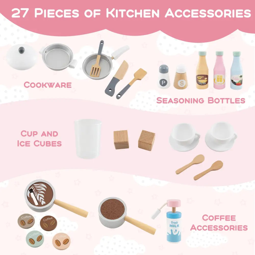 Kids Kitchen Set Wooden with Coffee Makers and Accessories-White - White - Play Kitchen Sets