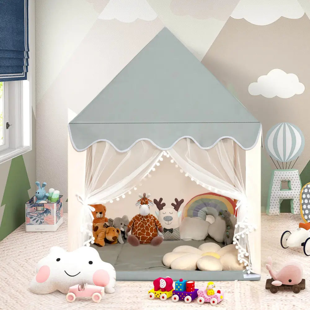 Kids Large Play Castle Fairy Tent with Mat-Beige - Beige - Play Tents & Playhouse