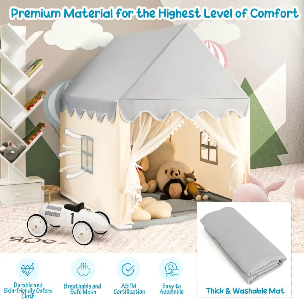 Kids Large Play Castle Fairy Tent with Mat-Beige - Beige - Play Tents & Playhouse
