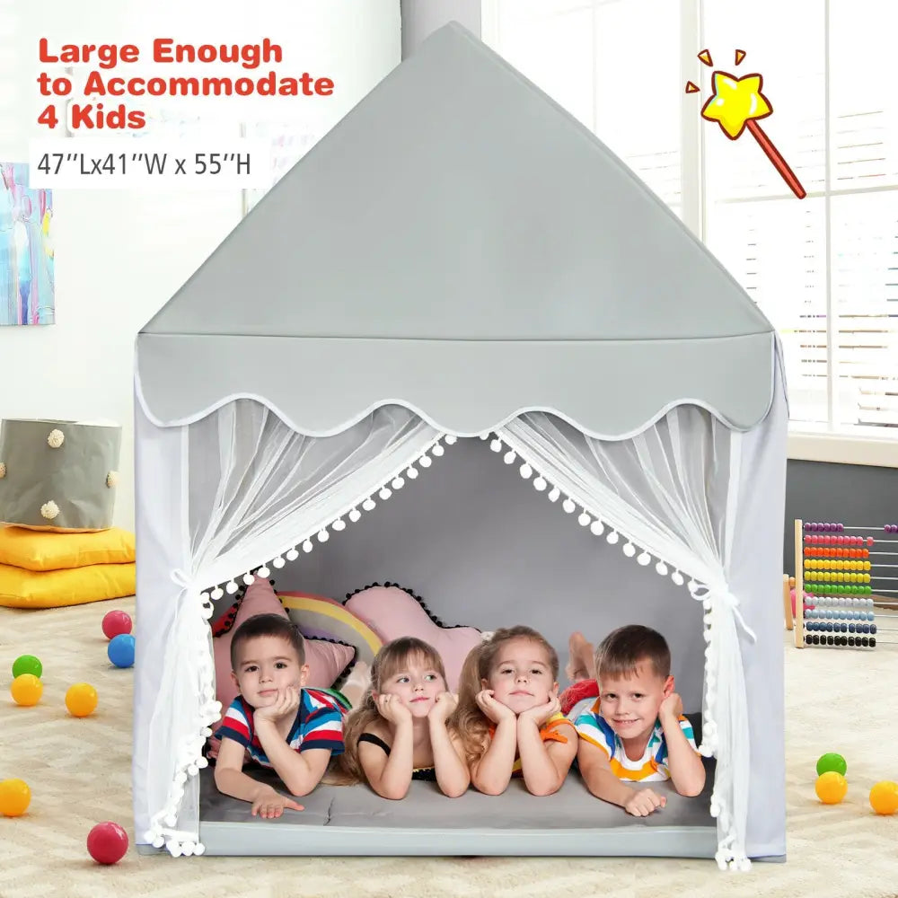 Kids Large Play Castle Fairy Tent with Mat-Gray - Gray - Play Tents & Playhouse