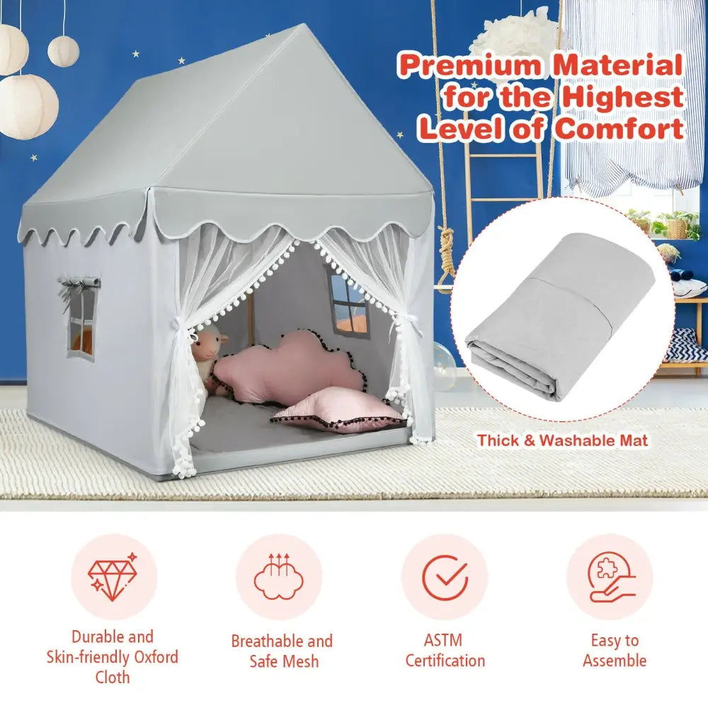 Kids Large Play Castle Fairy Tent with Mat-Gray - Gray - Play Tents & Playhouse