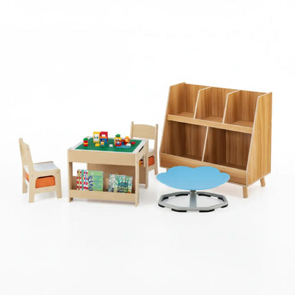 Kids Learning & Play Essentials Bundle ” Bookshelf + 4-in-1 Activity Table Set + 360° Swivel Chair - Kids Table & Chair