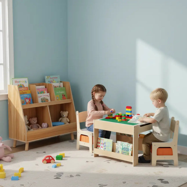 Kids Learning & Play Essentials Bundle ” Bookshelf + 4-in-1 Activity Table Set + 360° Swivel Chair - Kids Table & Chair
