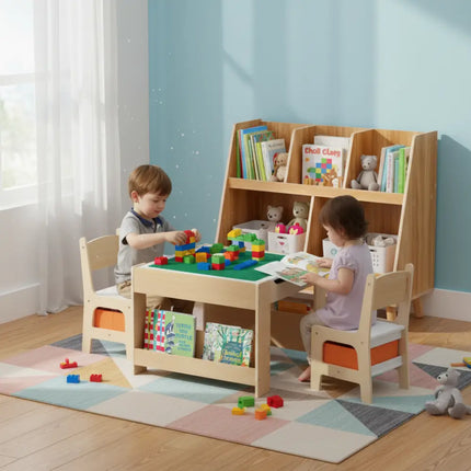 Kids Learning & Play Essentials Bundle ” Bookshelf + 4-in-1 Activity Table Set + 360° Swivel Chair - Kids Table & Chair