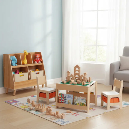 Kids Learning & Play Essentials Bundle ” Bookshelf + 4-in-1 Activity Table Set + 360° Swivel Chair - Kids Table & Chair