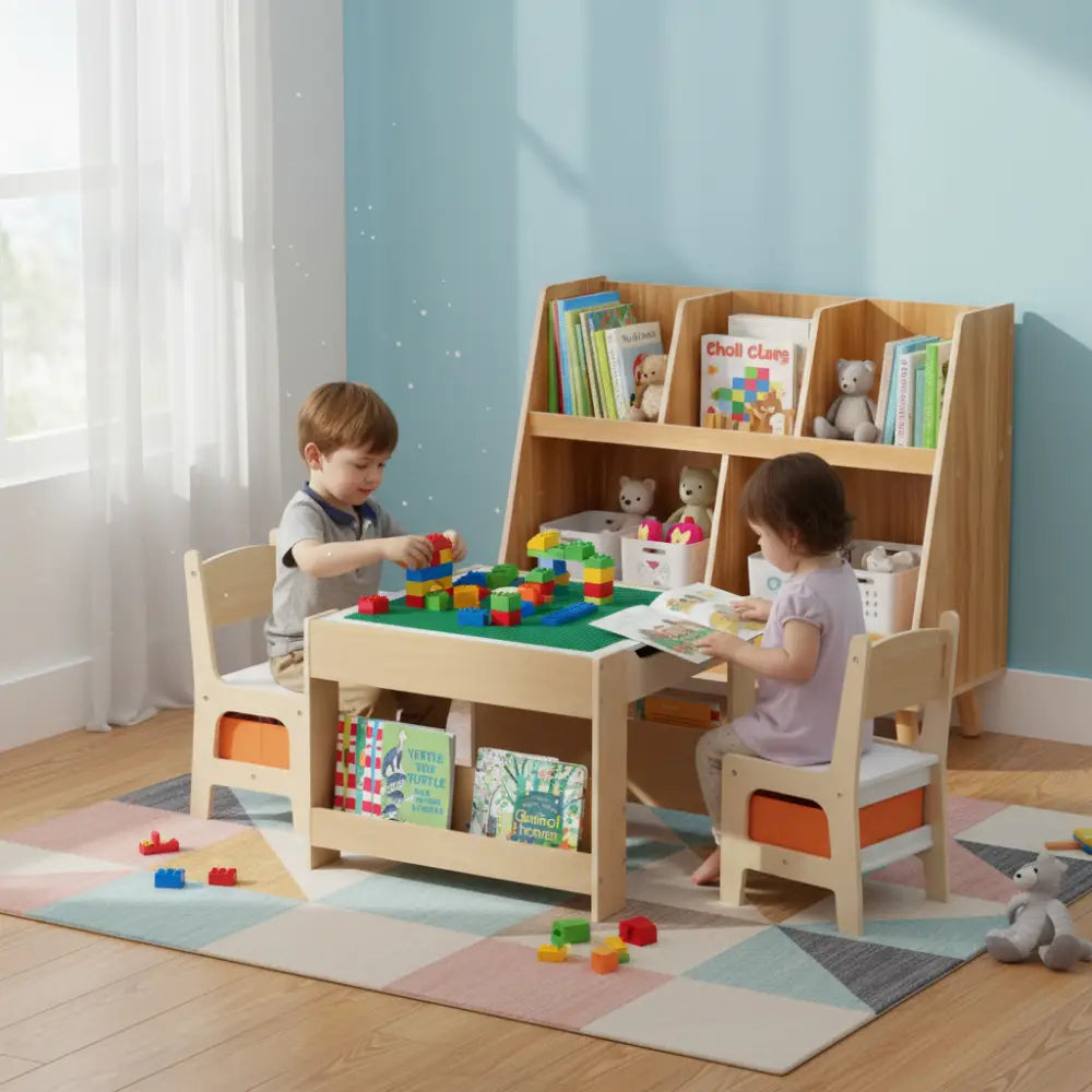 Kids Learning & Play Essentials Bundle €” Bookshelf + 4-in-1 Activity Table Set + 360° Swivel Chair - Kids Table &
