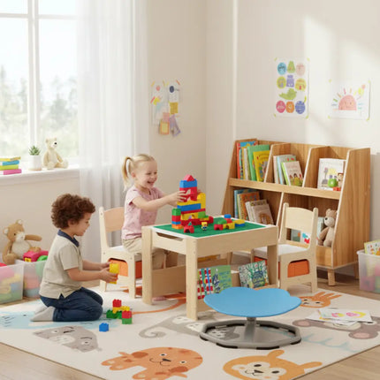 Kids Learning & Play Essentials Bundle ” Bookshelf + 4-in-1 Activity Table Set + 360° Swivel Chair - Kids Table & Chair