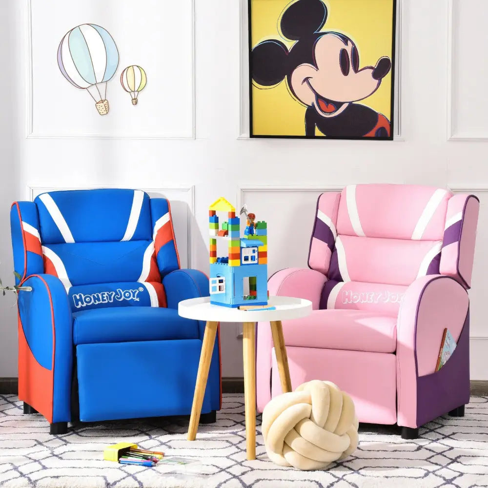 Kids Leather Recliner Chair with Side Pockets-Blue - Blue - Kids Chairs & Seating