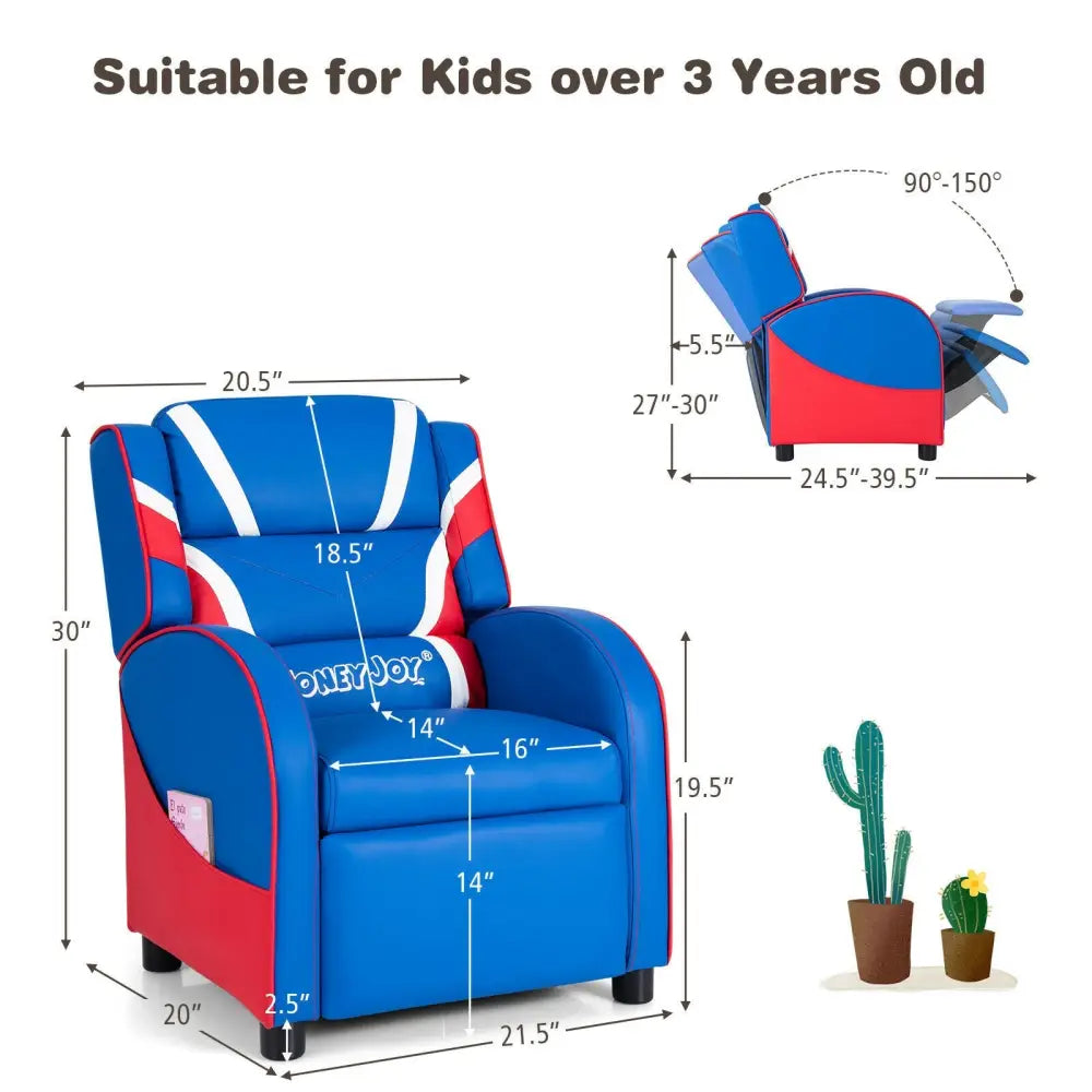 Kids Leather Recliner Chair with Side Pockets-Blue - Blue - Kids Chairs & Seating