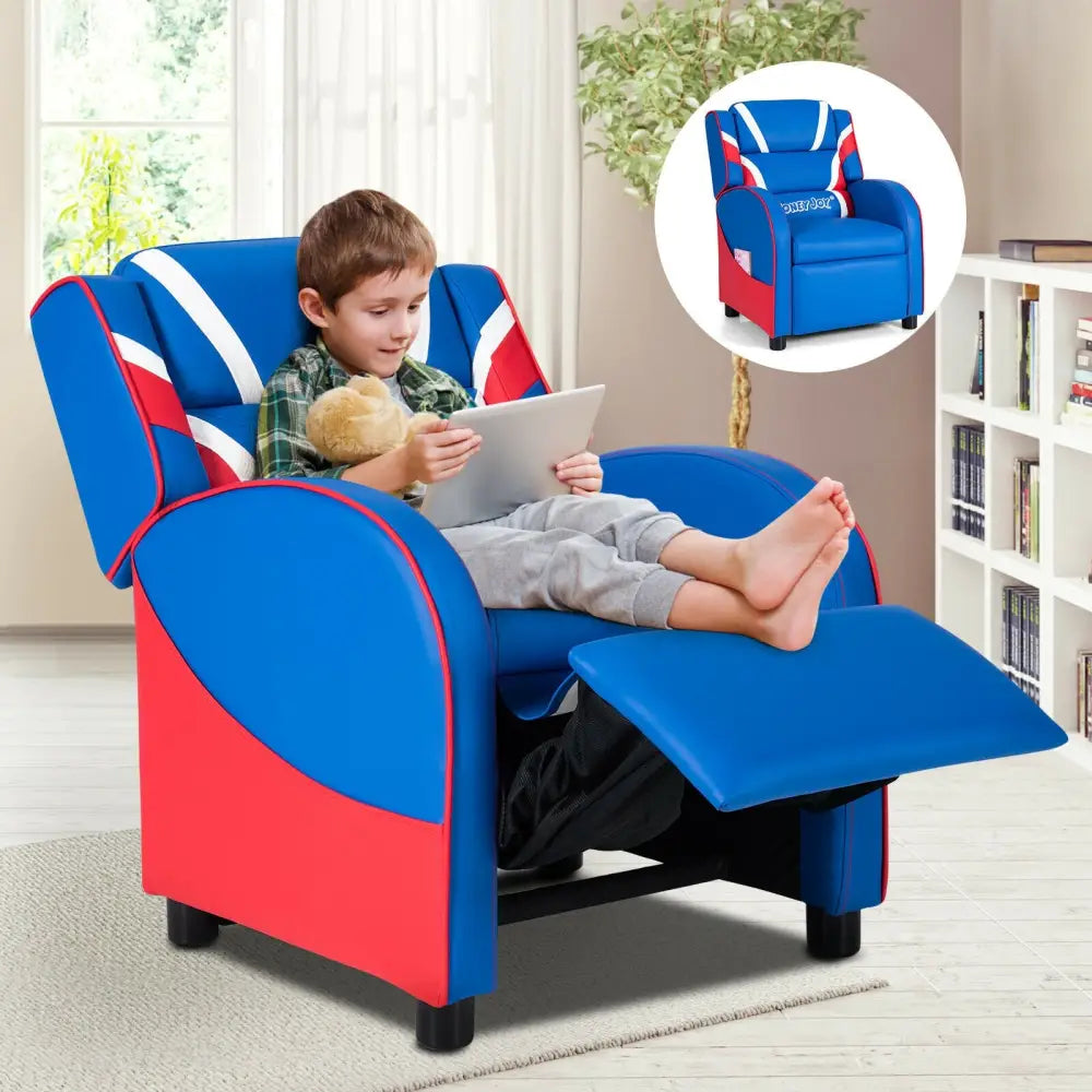 Kids Leather Recliner Chair with Side Pockets-Blue - Blue - Kids Chairs & Seating