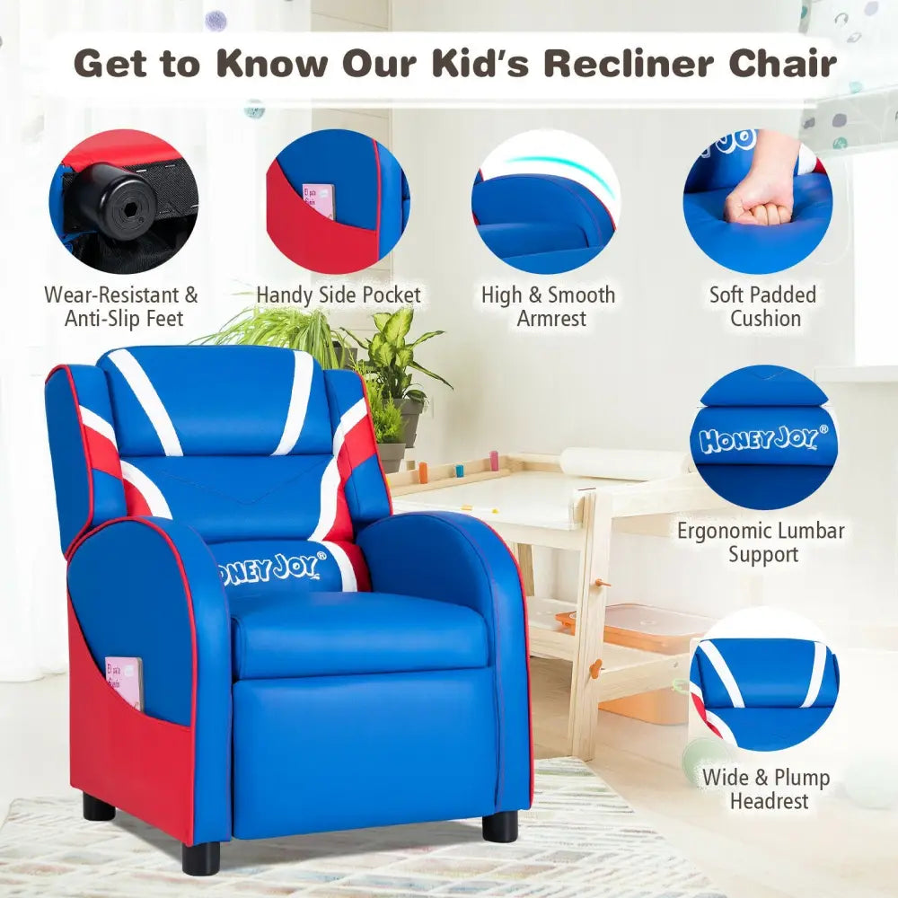 Kids Leather Recliner Chair with Side Pockets-Blue - Blue - Kids Chairs & Seating