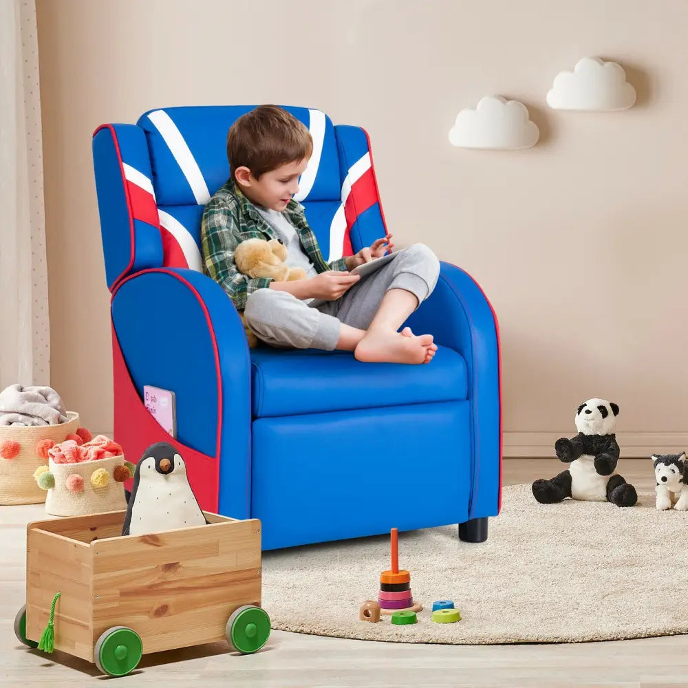 Kids Leather Recliner Chair with Side Pockets-Blue - Blue - Kids Chairs & Seating