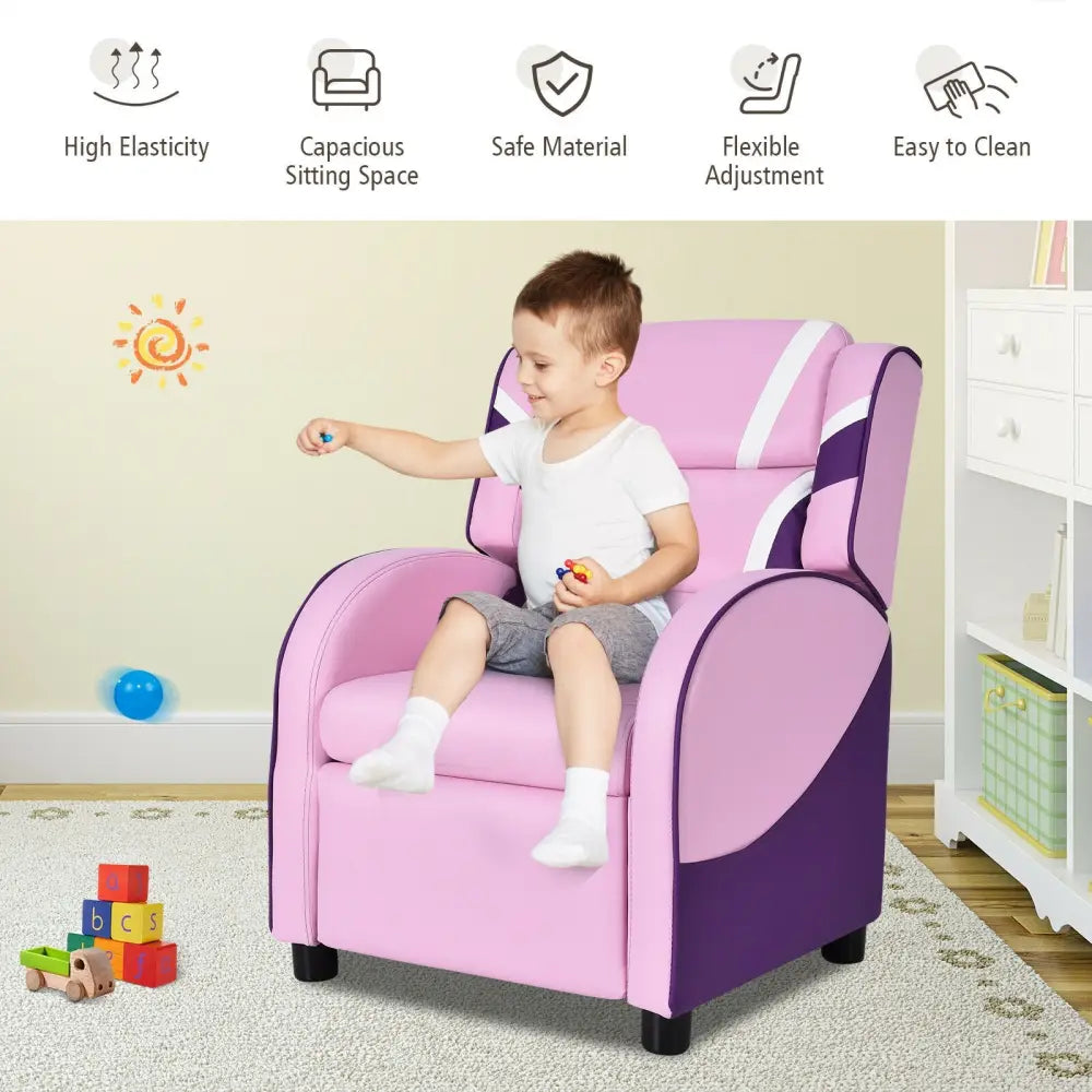 Kids Leather Recliner Chair with Side Pockets-Pink - Pink - Kids Chairs & Seating