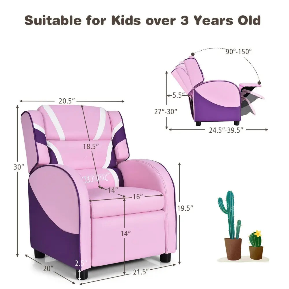 Kids Leather Recliner Chair with Side Pockets-Pink - Pink - Kids Chairs & Seating