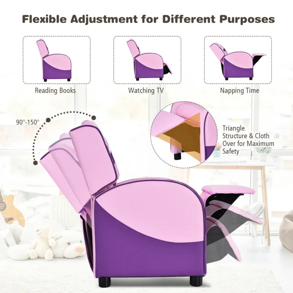 Kids Leather Recliner Chair with Side Pockets-Pink - Pink - Kids Chairs & Seating