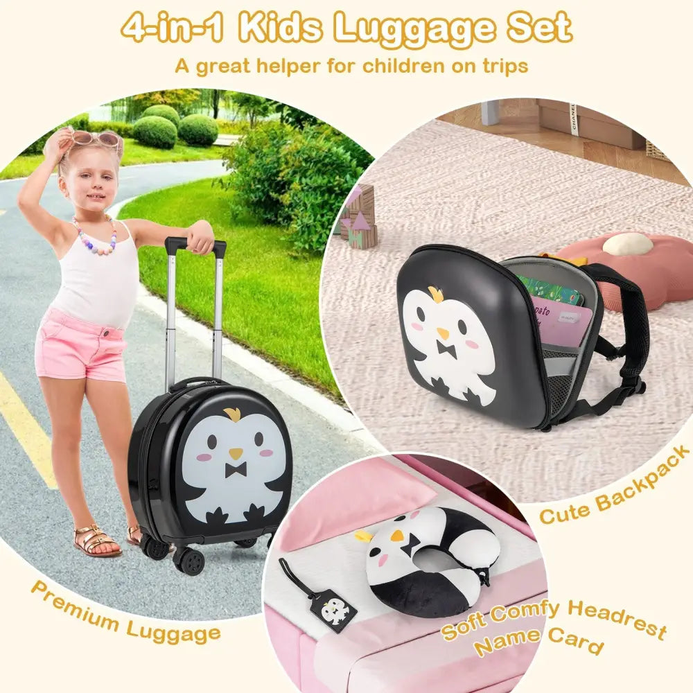 Kids Luggage Set with 14 Inches Carry - on Hardside Spinner Toddler Luggage and 10 Inches Backpack - Black - Oasis Home Essentials