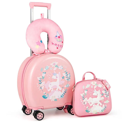 Kids Luggage Set with 14 Inches Carry - on Hardside Spinner Toddler Luggage and 10 Inches Backpack - Pink - Oasis Home Essentials
