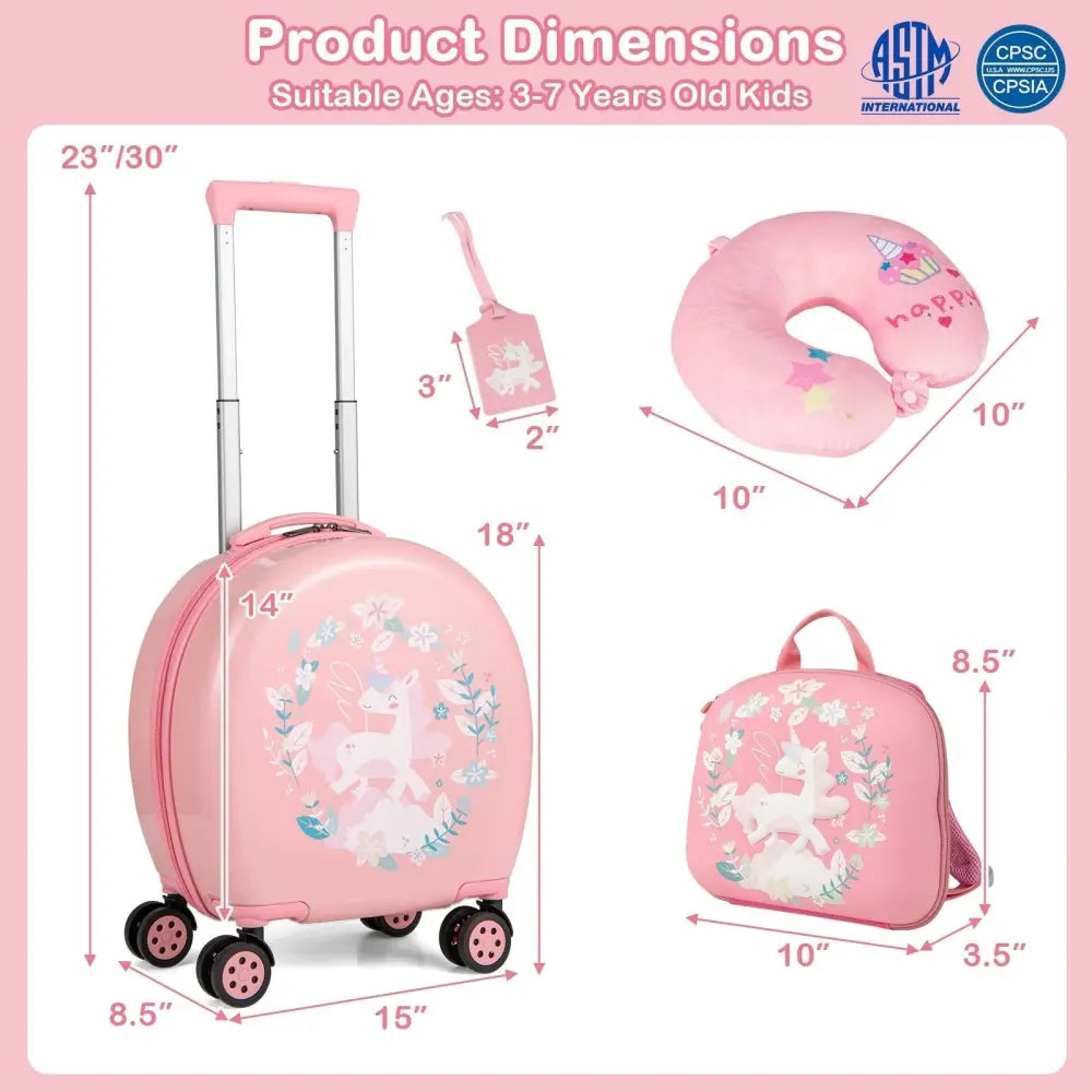 Kids Luggage Set with 14 Inches Carry - on Hardside Spinner Toddler Luggage and 10 Inches Backpack - Pink - Oasis Home Essentials