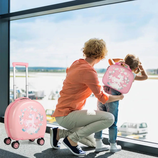 Kids Luggage Set with 14 Inches Carry - on Hardside Spinner Toddler Luggage and 10 Inches Backpack - Pink - Oasis Home Essentials